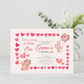 Roze konijnenkonijn met Heart-verjaardagsfeestje Kaart (Staand voorkant)