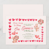 Roze konijnenkonijn met Heart-verjaardagsfeestje Kaart (Voorkant / Achterkant)