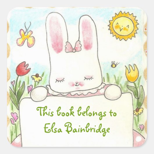 Roze konijnenplaat vierkante sticker (Voorkant)