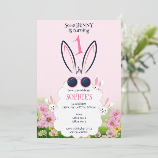 Roze Konijntje Bloemtuin Lente Zomer Verjaardag Kaart (Staand voorkant)