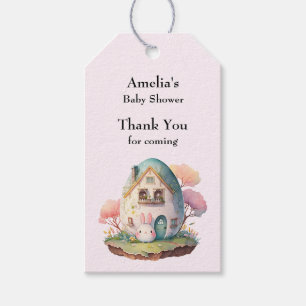 Roze konijntje & eivormig huis Baby shower Cadeaulabel