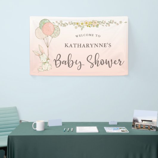 Roze  Konijntje Rustiek Bloemen Baby shower Spandoek (Beurs)