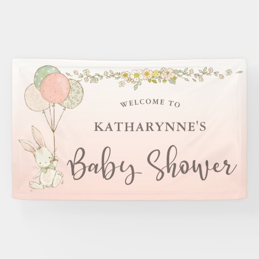Roze  Konijntje Rustiek Bloemen Baby shower Spandoek (Horizontaal)