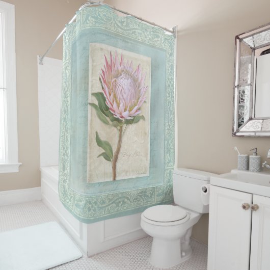  roze koning Protea Blauw Elegant afbeelding Douchegordijn (In situ)