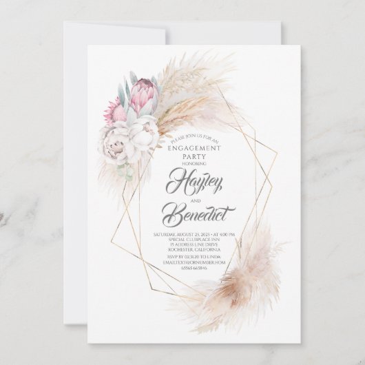 Roze Koning Protea en Pampas Gras Verlovingsfeest Kaart (Voorkant)