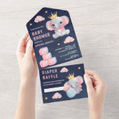 Roze koningin ellephant Girl Navy Blue Baby shower All In One Uitnodiging (Afscheurbaar)