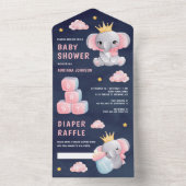 Roze koningin ellephant Girl Navy Blue Baby shower All In One Uitnodiging (Binnen)