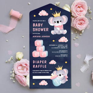 Roze Koningin Koala Beer Meisje Marineblauwe Baby All In One Uitnodiging