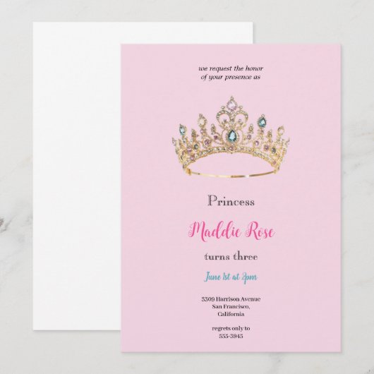 Roze koningin kroon verjaardagsfeestje uitnodiging (Voorkant / Achterkant)