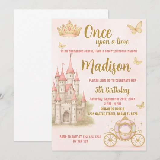 Roze Koninklijk Kasteel Party Uitnodigen Kaart (Voorkant / Achterkant)