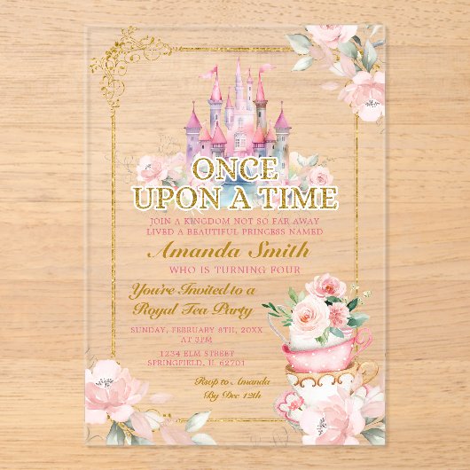 Roze Koninklijk Kasteel Prinses Tea Party 4e verja Acryl Uitnodigingen (Voorkant)