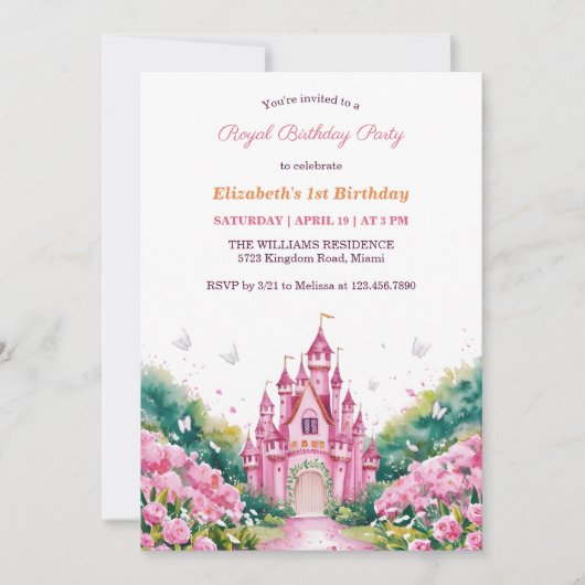 Roze Koninklijk Prinses Kasteel 1e Verjaardagsfees Kaart (Voorkant)