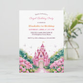 Roze Koninklijk Prinses Kasteel 1e Verjaardagsfees Kaart (Staand voorkant)