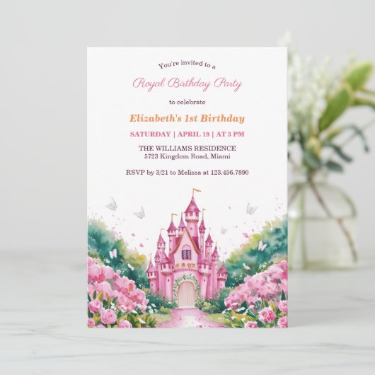 Roze Koninklijk Prinses Kasteel 1e Verjaardagsfees Kaart (Staand voorkant)