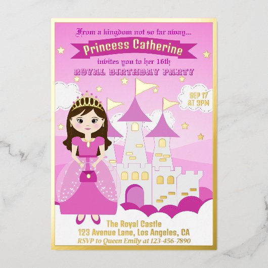 Roze Koninklijke Prinses Kasteel Meisje Verjaardag Folie Uitnodiging (Voorkant)