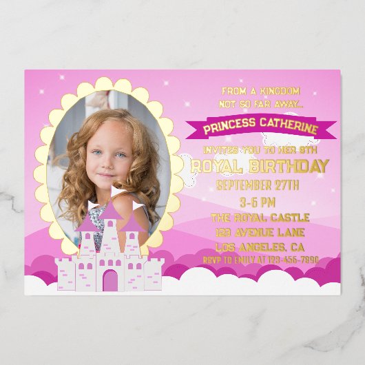 Roze Koninklijke Prinses Kasteel Meisje Verjaardag Folie Uitnodiging (Voorkant)