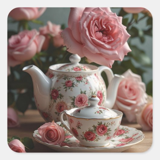 Roze Kool Roos Tea Vierkante Sticker (Voorkant)