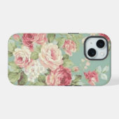 Roze koolrozen op aqua achtergrond iPhone 15 case (Achterkant horizontaal)