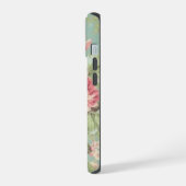 Roze koolrozen op aqua achtergrond iPhone 15 case (Linkerkant)