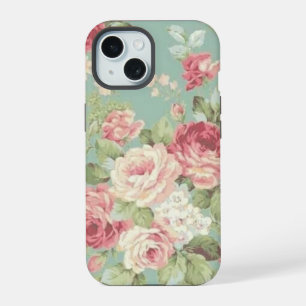 Roze koolrozen op aqua achtergrond iPhone 15 case