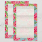 Roze Koolrozen Waterverf Brief Schrijven Briefpapier (Voorkant / Achterkant)