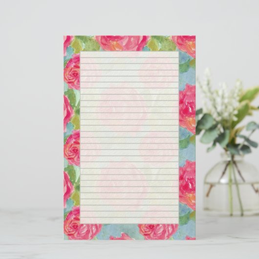 Roze Koolrozen Waterverf Brief Schrijven Briefpapier (Staand voorkant)