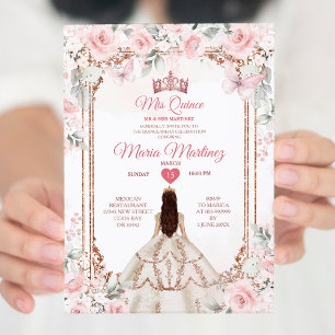 Roze & Koper Gouden Bloemen Prinses Mis Quince Kaart