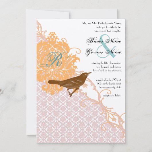  roze koraal Aqua Endive Damask Wedding Kaart (Voorkant)