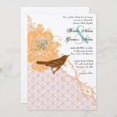  roze koraal Aqua Endive Damask Wedding Kaart (Voorkant / Achterkant)