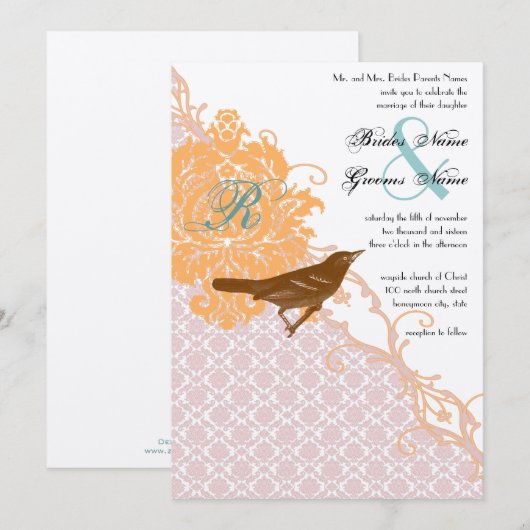 roze koraal Aqua Endive Damask Wedding Kaart (Voorkant / Achterkant)