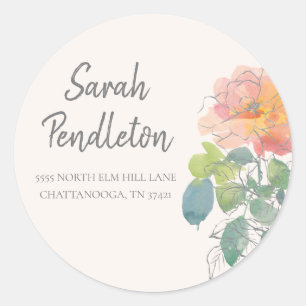 Roze Koraal Aquarel Bloemachtige Boho Stijl Adres Ronde Sticker