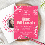 Roze Koraal Bat Mitswa Foto Starburst Bold Groovy Kaart<br><div class="desc">Wees trots, verheug je en toon deze mijlpaal van je favoriete Bat Mitswa met deze leuke, trendy, groovy, gepersonaliseerde uitnodiging! Retro witte en blush roze bloem starbursts met Stars of David, evenals gedurfde moderne blush roze en wit zonder serif typografie, bedekken een heldere koraal roze achtergrond. Op de achterkant, de...</div>