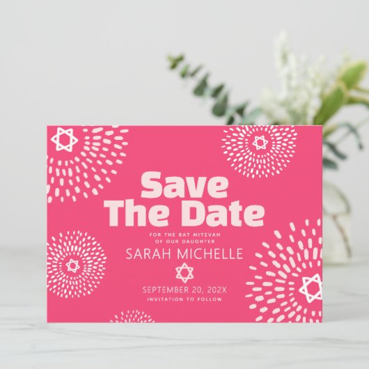 Roze Koraal Bat Mitzvah Bold Starburst Cool Modern Save The Date (Staand voorkant)