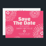 Roze Koraal Bat Mitzvah Bold Starburst Cool Modern Save The Date<br><div class="desc">Zorg ervoor dat al je vrienden en familieleden in staat zijn om de mijlpaal van je dochter Bat Mitswa te vieren! Stuur deze leuke, boho retro, gepersonaliseerde "Save the Date" aankondigingskaart. Retro witte en blush roze bloem starbursts met Stars of David, evenals gedurfde moderne blush roze en wit zonder serif...</div>