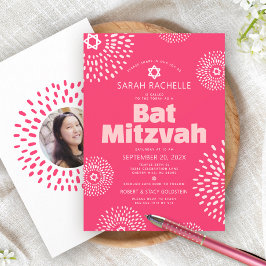 Roze Koraal Bat Mitzvah Foto Vlam Bold Groovy Kaart