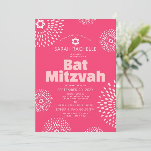 Roze Koraal Bat Mitzvah Foto Vlammend Vette Hippie Kaart (Staand voorkant)