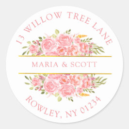 Roze Koraal Bloem en Gouden Retouradres  Ronde Sticker