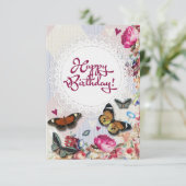  roze koraal bloemen bruin vlinder Verjaardag Kaart (Staand voorkant)