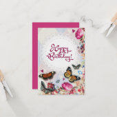  roze koraal bloemen bruin vlinder Verjaardag Kaart (Voorkant / Achterkant in situ)