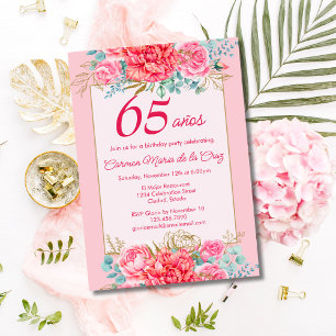 Roze Koraal Bloemen Spaans 65ste Verjaardagsfeest Kaart