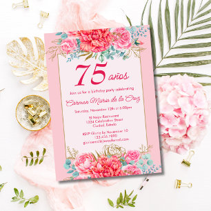 Roze Koraal Bloemen Spaans 75ste Verjaardagsfeest Kaart