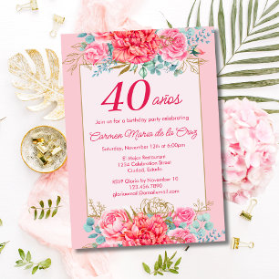 Roze Koraal Bloemen Spaanse 40ste Verjaardag Party Kaart