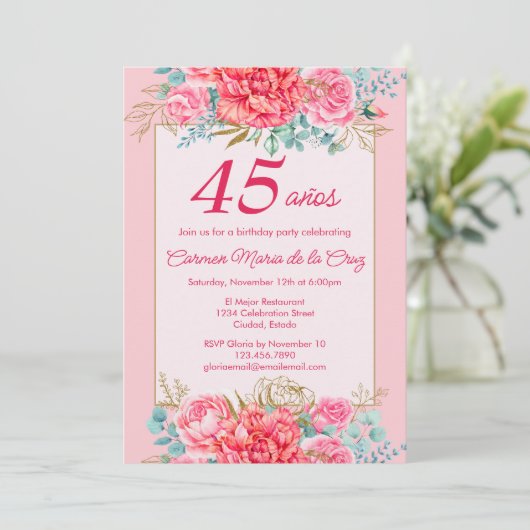 Roze Koraal Bloemen Spaanse 45ste Verjaardag Party Kaart (Staand voorkant)