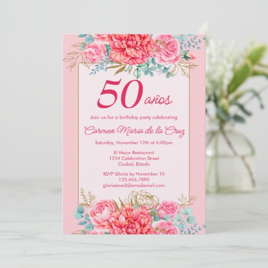 Roze Koraal Bloemen Spaanse 50ste Verjaardag Party Kaart (Staand voorkant)