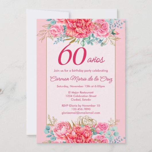 Roze Koraal Bloemen Spaanse 60ste Verjaardag Party Kaart (Voorkant)