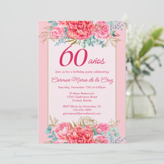Roze Koraal Bloemen Spaanse 60ste Verjaardag Party Kaart (Staand voorkant)