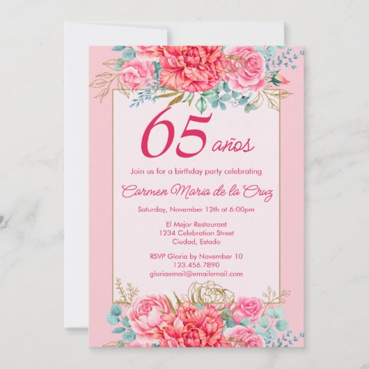 Roze Koraal Bloemen Spaanse 65ste Verjaardag Party Kaart (Voorkant)