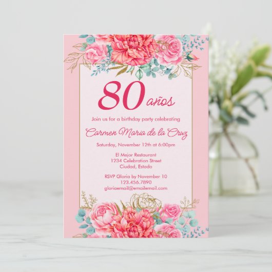 Roze Koraal Bloemen Spaanse 80ste Verjaardag Party Kaart (Staand voorkant)