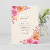 Roze Koraal Bloemrijke Bruiloft Kaart (Staand voorkant)