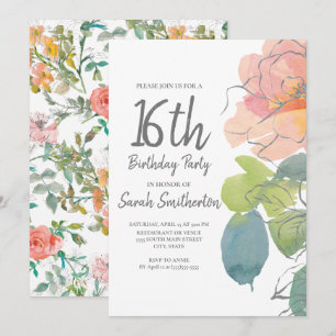 Roze Koraal Boho Waterverf Bloemstuk Sweet 16 Kaart